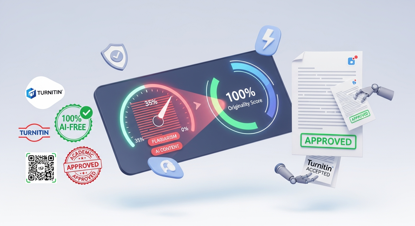 A modern holographic interface shows a document being scanned, transforming from red 'Plagiarism' highlights to a green 'Approved' stamp. A gauge shows the plagiarism score dropping to 0%, next to a 100% Originality circle graph, promoting guaranteed plagiarism and AI removal services accepted by Turnitin.