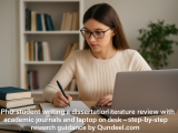 PhD student writing a dissertation literature review with academic journals and laptop on desk – step-by-step research guidance by Qundeel.com