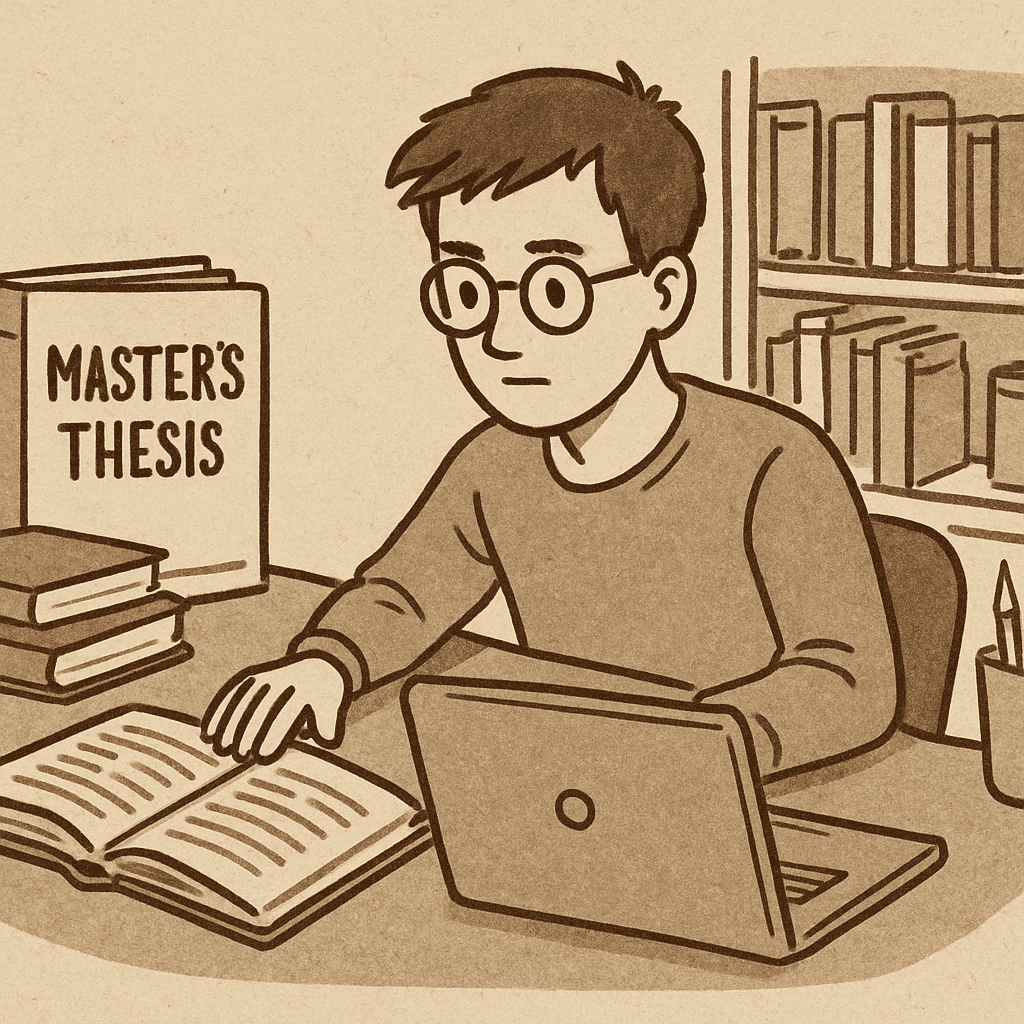 Illustration of a student researching for a master thesis