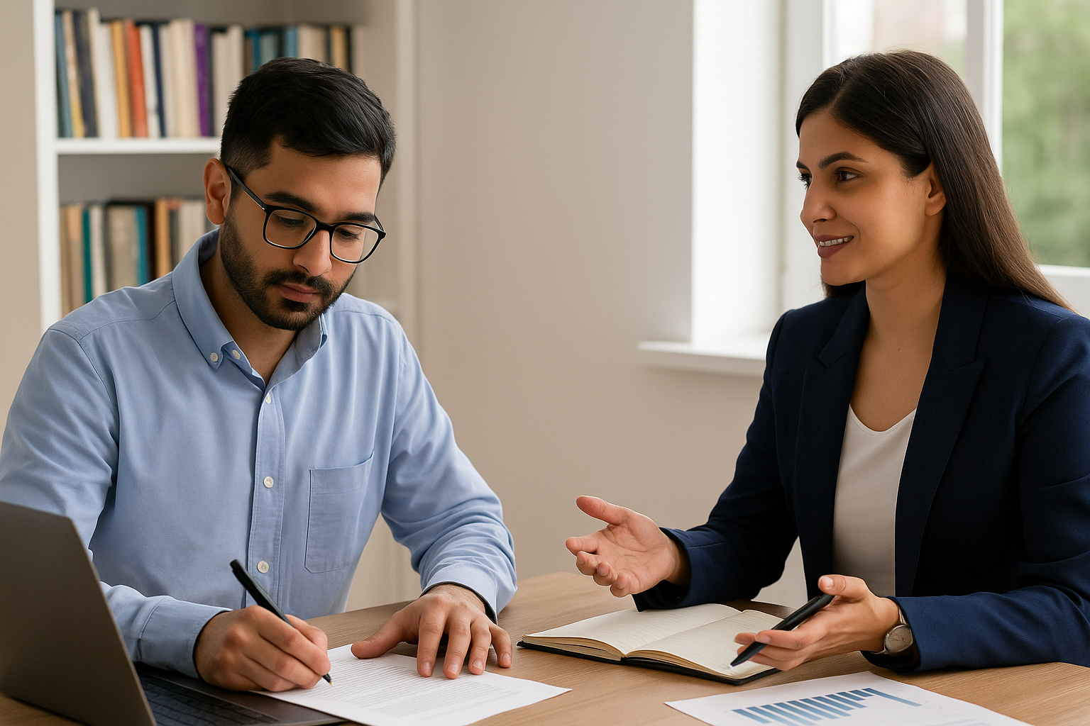 PhD scholar consulting with an academic mentor in a professional setting, representing Qundeel.com’s Best PhD Thesis Writing Services in Pakistan and internationally