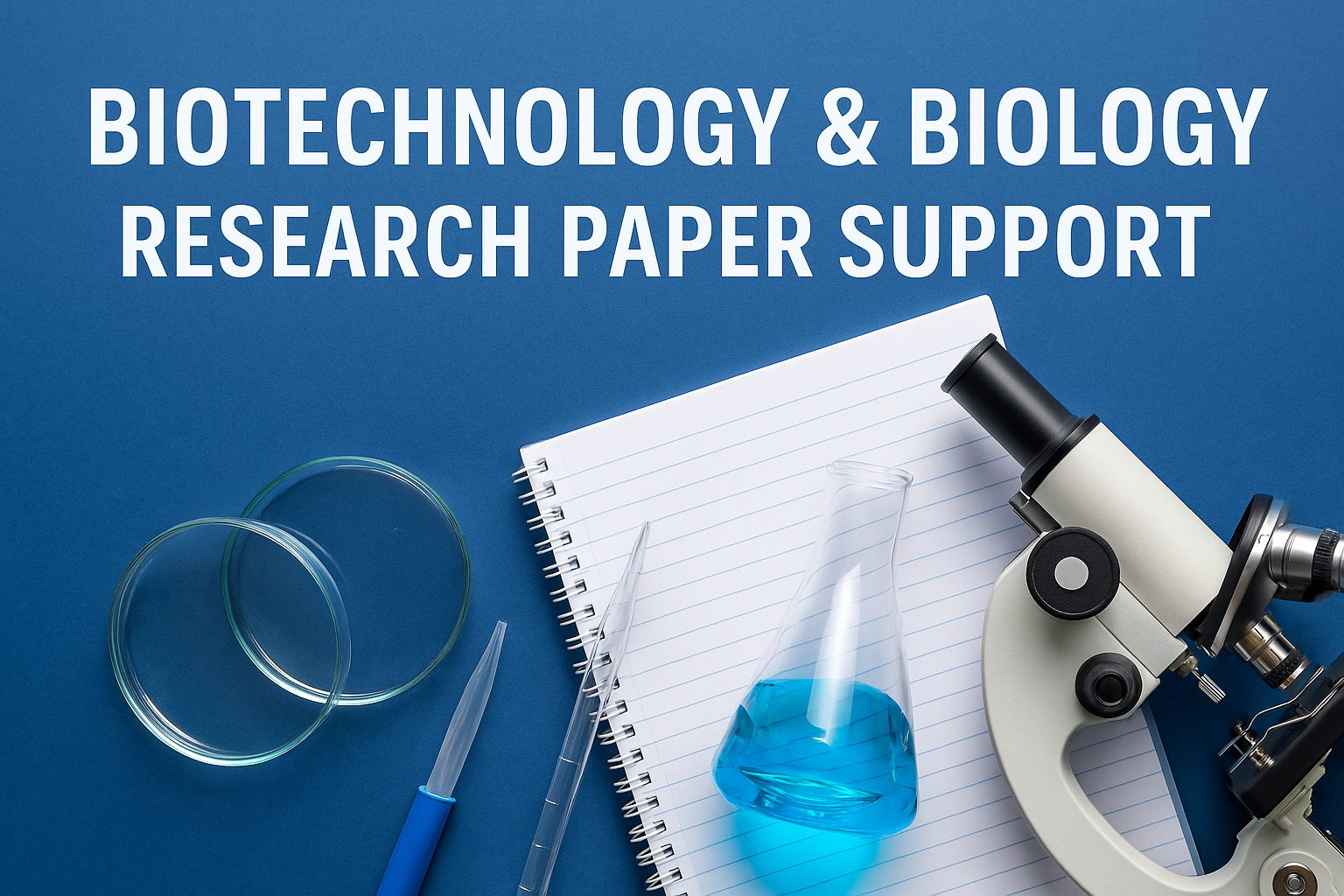 Professional biotechnology laboratory with scientist analyzing samples, DNA helix visuals, and molecular structures representing biotechnology and biology research paper support by Qundeel.com