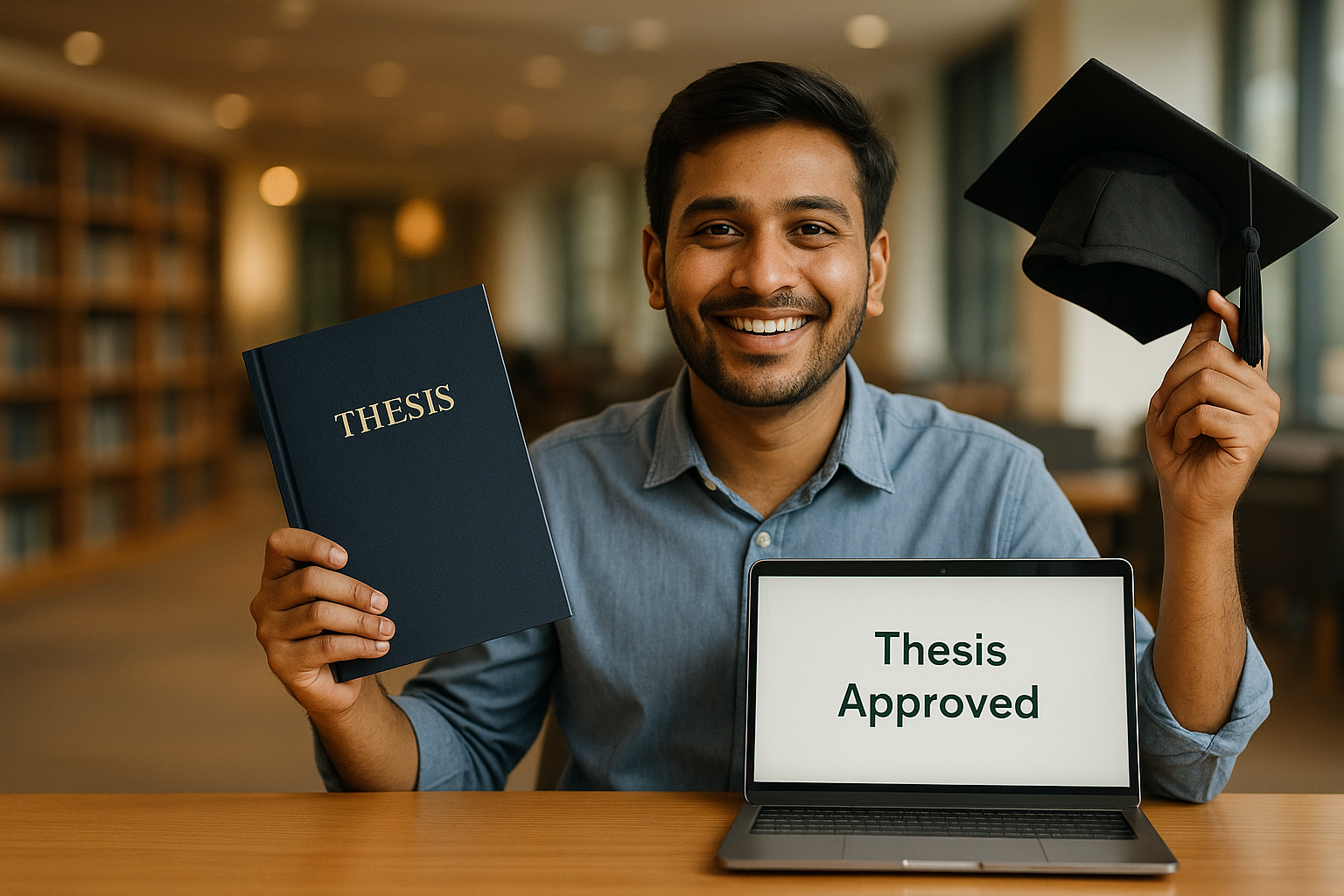 Professional thesis writing services in Karachi by Qundeel.com, showing a happy Pakistani student holding a completed thesis and graduation cap after thesis approval.