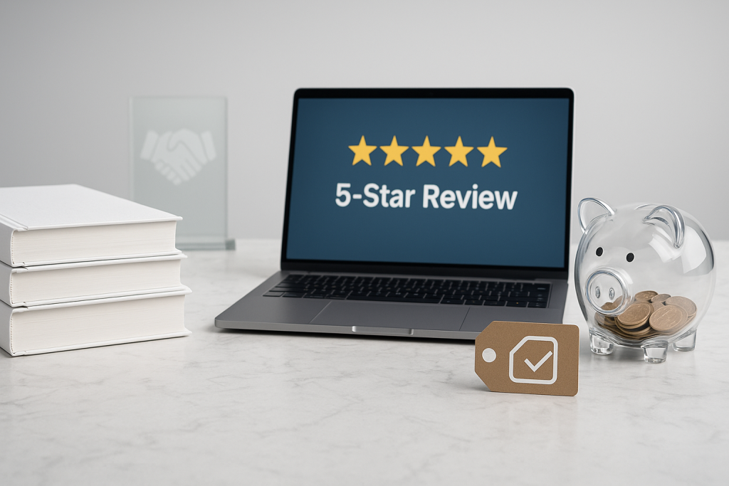 Reliable and affordable thesis writing services in Karachi by Qundeel.com, showing stacked theses, a laptop with a 5-star review, and a transparent piggy bank symbolizing trust and fair pricing.