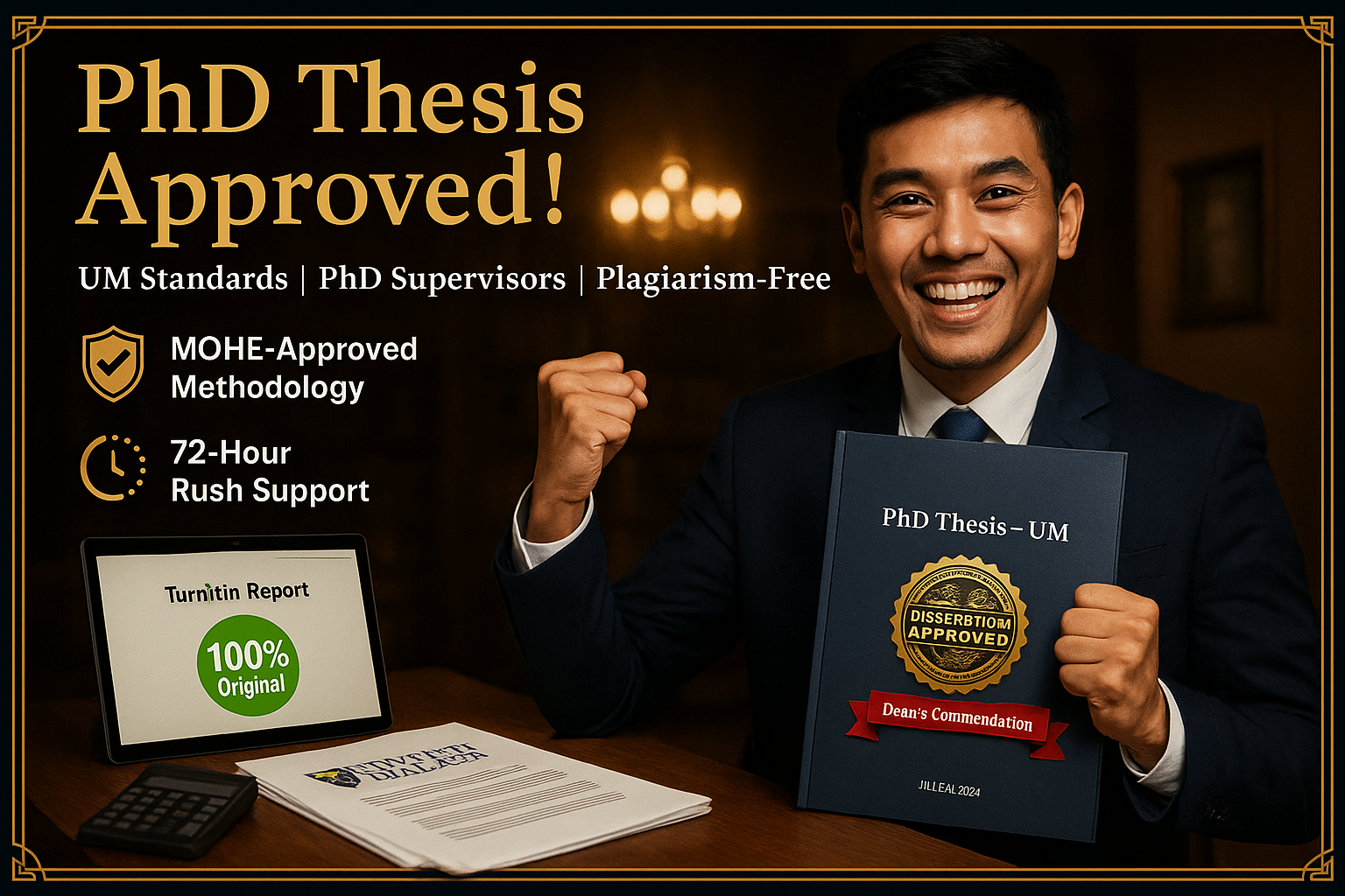 Malaysian student celebrating successful dissertation approval, representing Qundeel.com’s professional dissertation writing services in Malaysia with expert PhD writers, MOHE-approved methodology, and plagiarism-free research support.