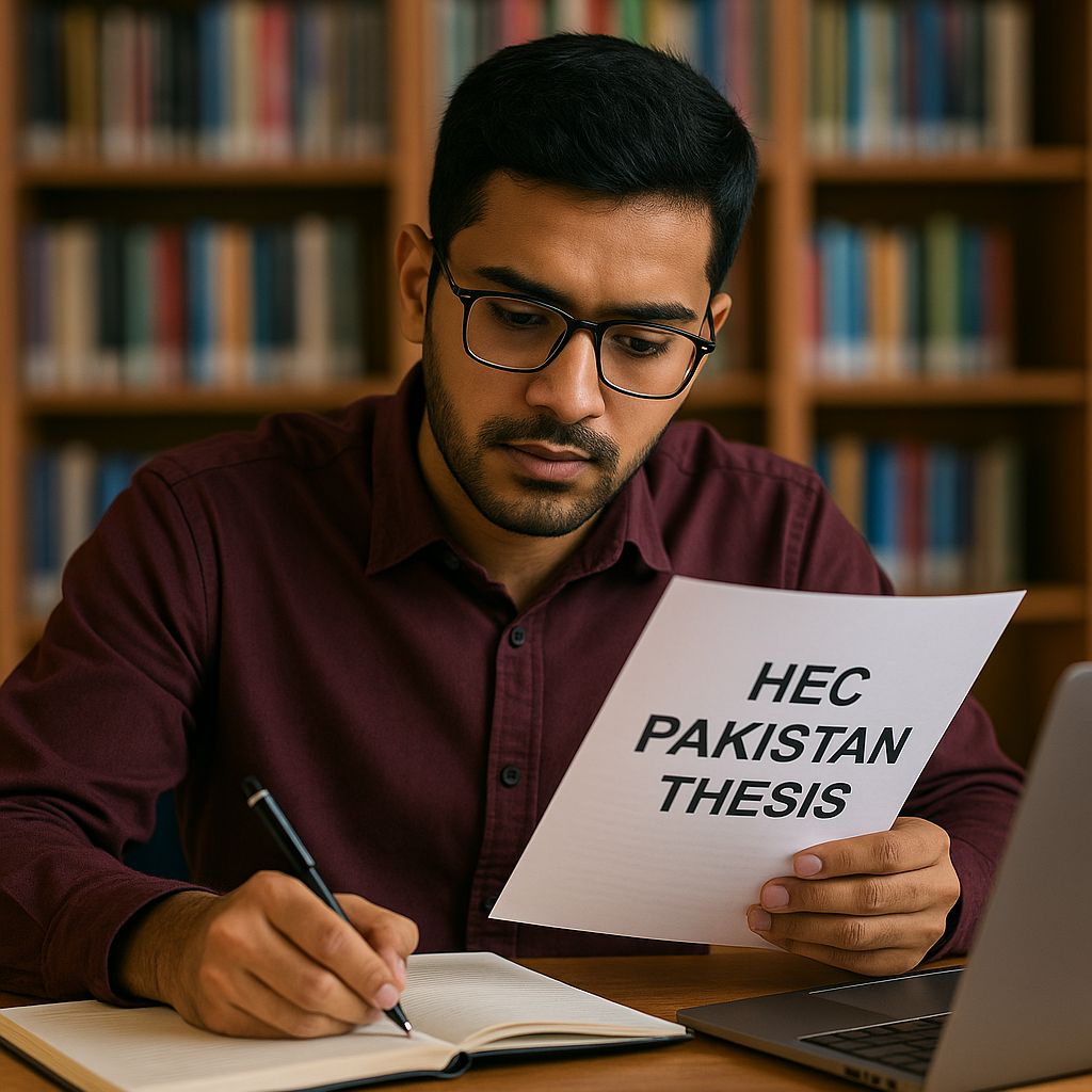 Pakistani student working on HEC Pakistan thesis with books, laptop, and research papers in a university library setting, representing academic excellence and Qundeel.com’s professional thesis writing guidance.