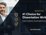 A professional academic consultant from Qundeel.com, the premier choice for dissertation writing services, stands confidently next to the text "#1 Choice for Dissertation Writing