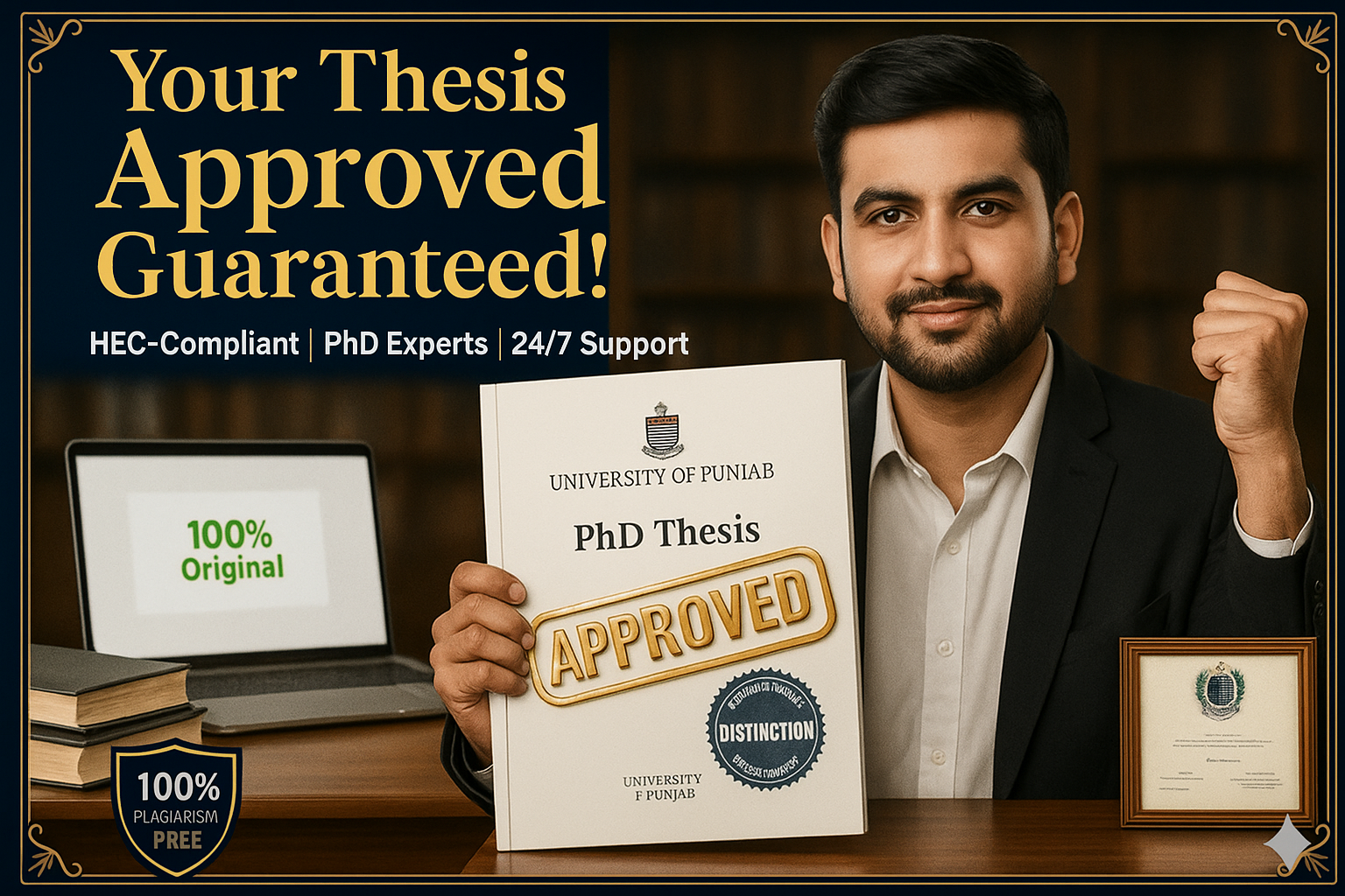 A confident PhD scholar in Lahore holding an approved thesis, representing Qundeel.com’s trusted thesis writing services for undergraduate, master’s, MPhil, and PhD students in Pakistan, offering 100% original and HEC-compliant academic support.