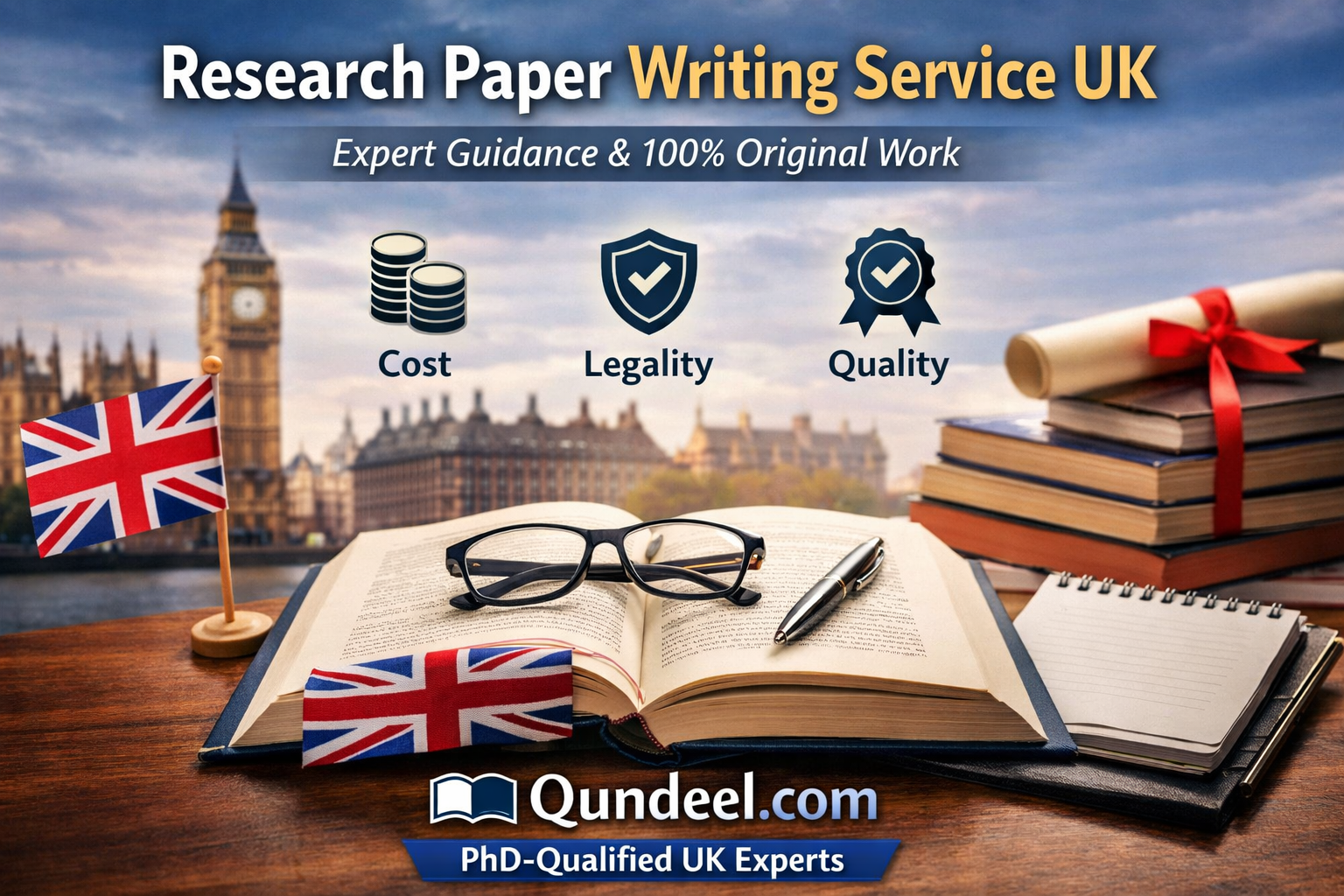 Research Paper Writing Service UK featured image showing books, UK flag, Big Ben, and academic symbols for cost, legality, and quality by Qundeel.com