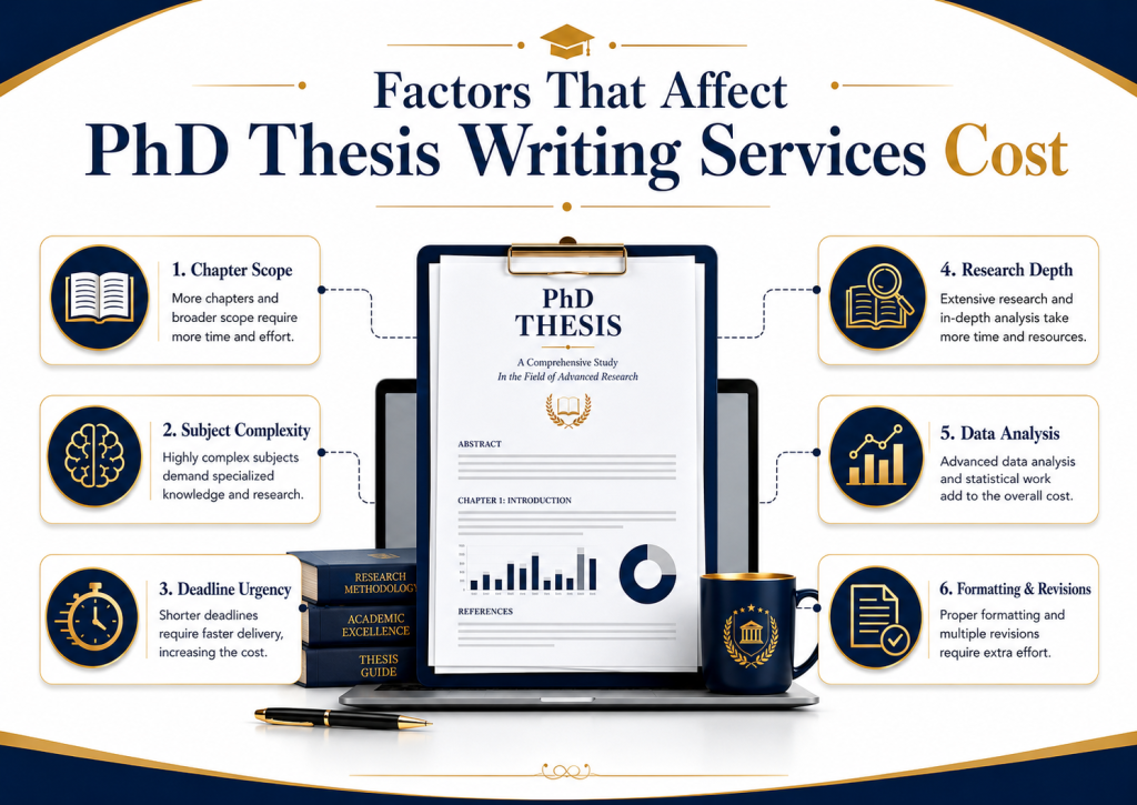 Factors that affect PhD thesis writing services cost including chapter scope, subject complexity, deadline urgency, research depth, data analysis, formatting and revisions