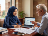 A student in a hijab and an academic advisor review a "PHD Thesis" document and laptop data, with a Lahore university landmark in the background, utilizing Top PhD Thesis Writing Services Pakistan for expert, customized writing.
