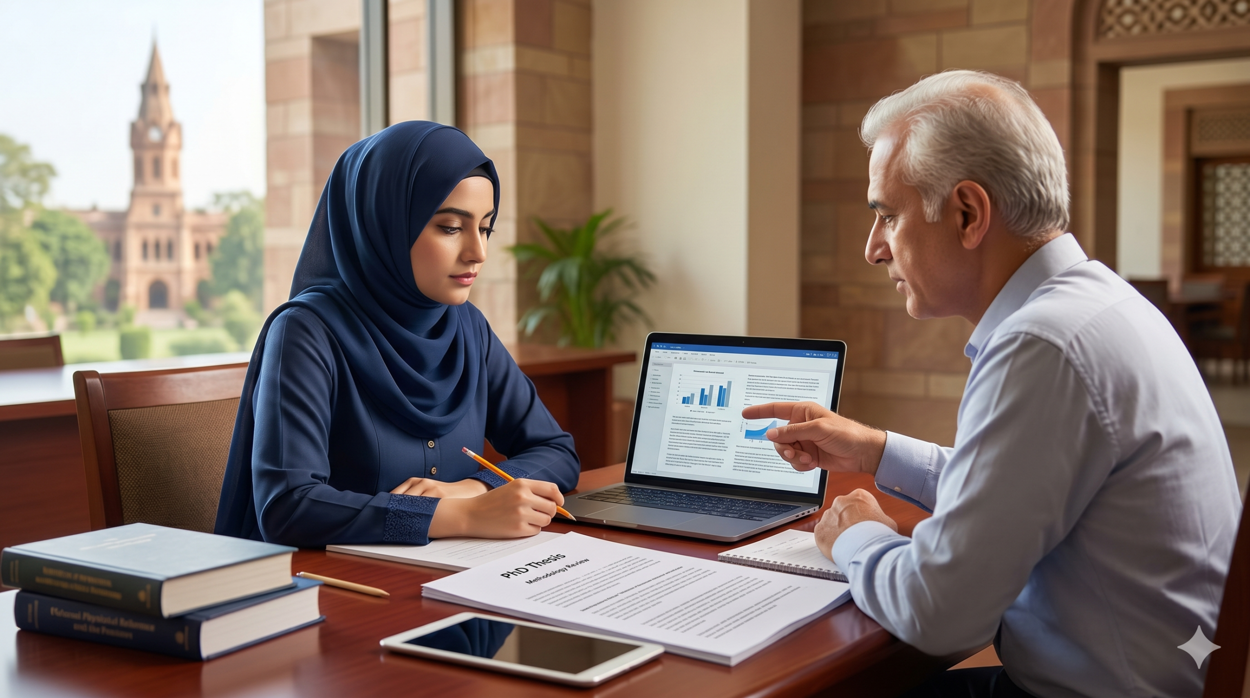 A student in a hijab and an academic advisor review a "PHD Thesis" document and laptop data, with a Lahore university landmark in the background, utilizing Top PhD Thesis Writing Services Pakistan for expert, customized writing.