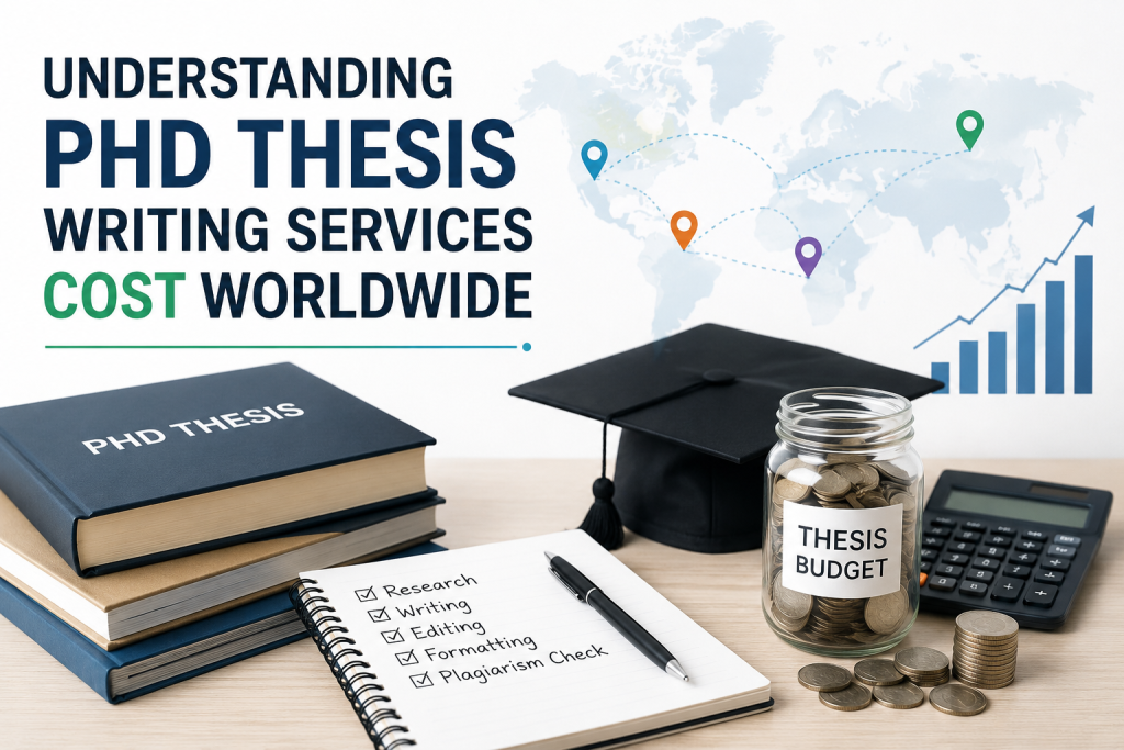 Understanding PhD thesis writing services cost worldwide with thesis budget, academic books, graduation cap, calculator, and global pricing concept