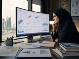 UAE public health PhD researcher examining complex statistical data analysis on a computer screen