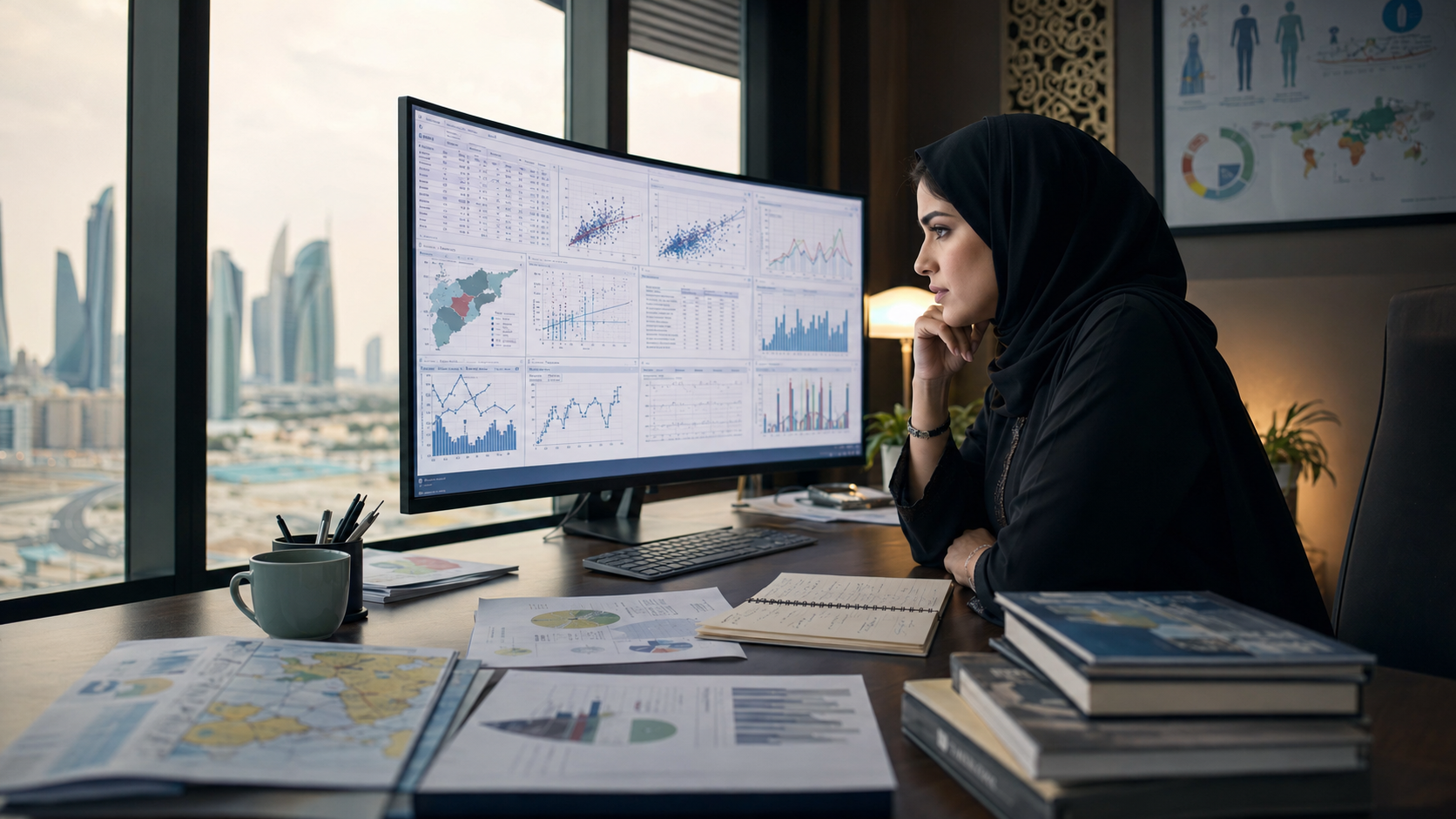 UAE public health PhD researcher examining complex statistical data analysis on a computer screen