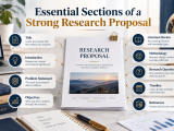 Essential sections of a strong research proposal for MPhil and PhD students, including research proposal structure, literature review, methodology, objectives, and research questions.