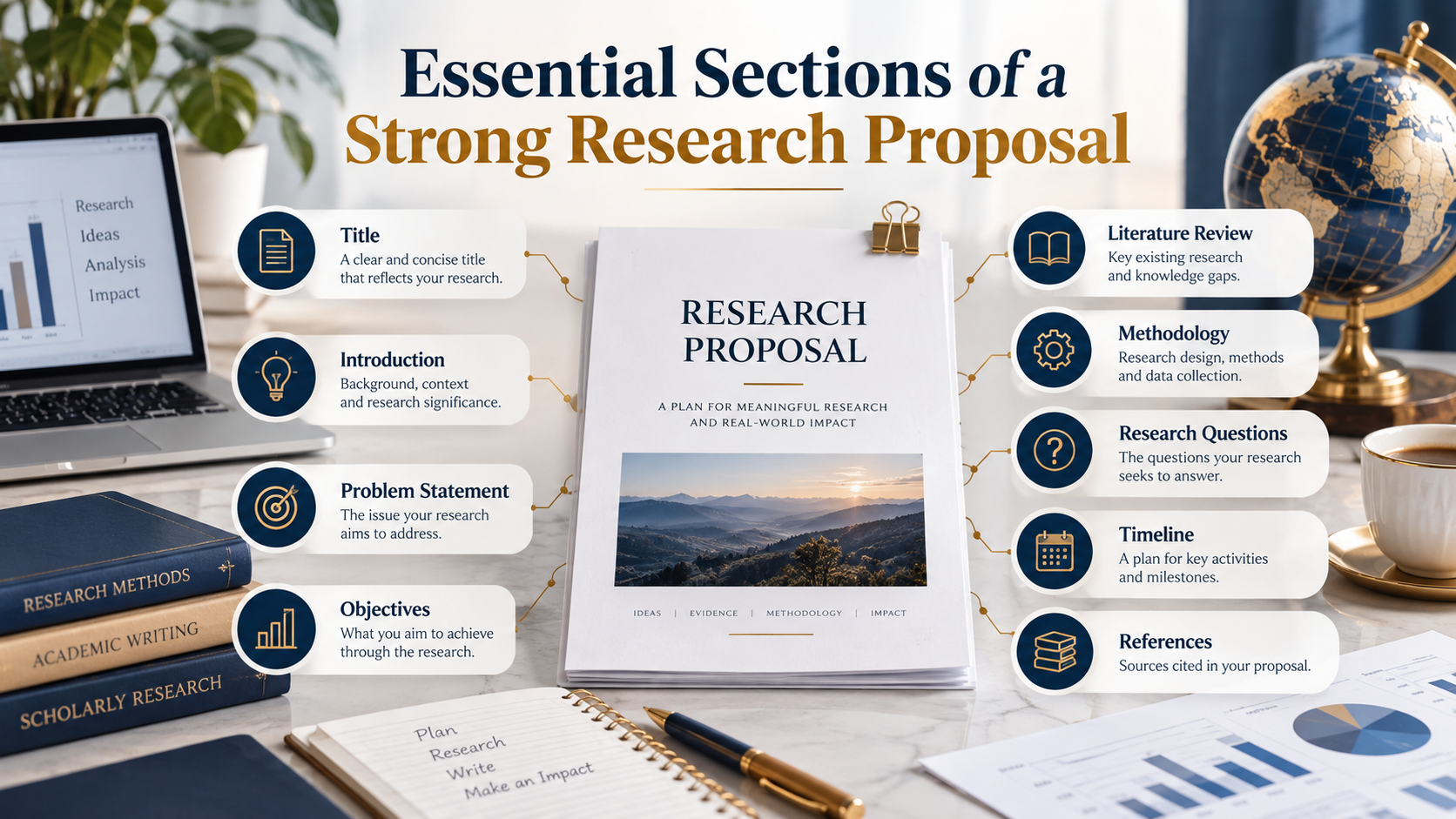 Essential sections of a strong research proposal for MPhil and PhD students, including research proposal structure, literature review, methodology, objectives, and research questions.